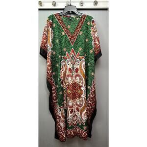 NF Free Size Dress Green Gold Glitter Holiday Kaftan Caftan Floral Bold OSFA‎